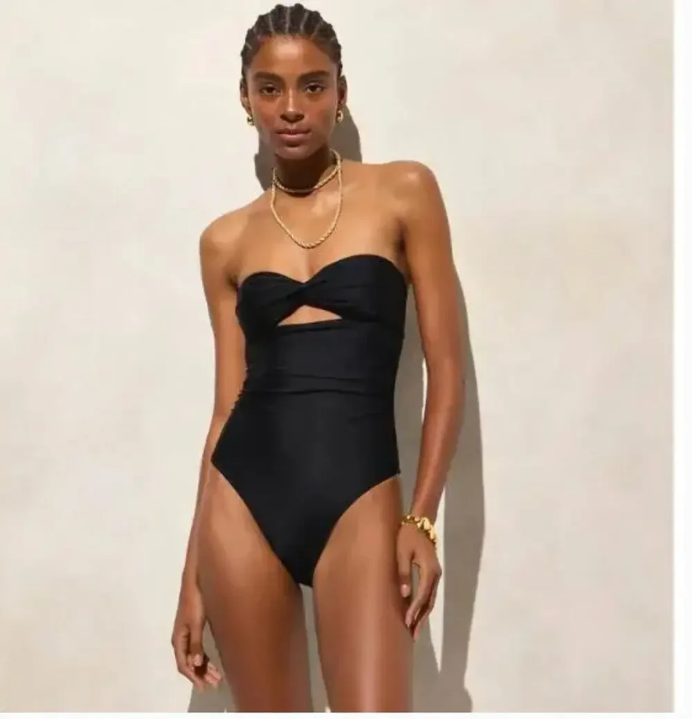 J.Crew Gemma Ruched Bandeau Cut Out One Piece Swimsuit 8 NWT Black Swim CI344